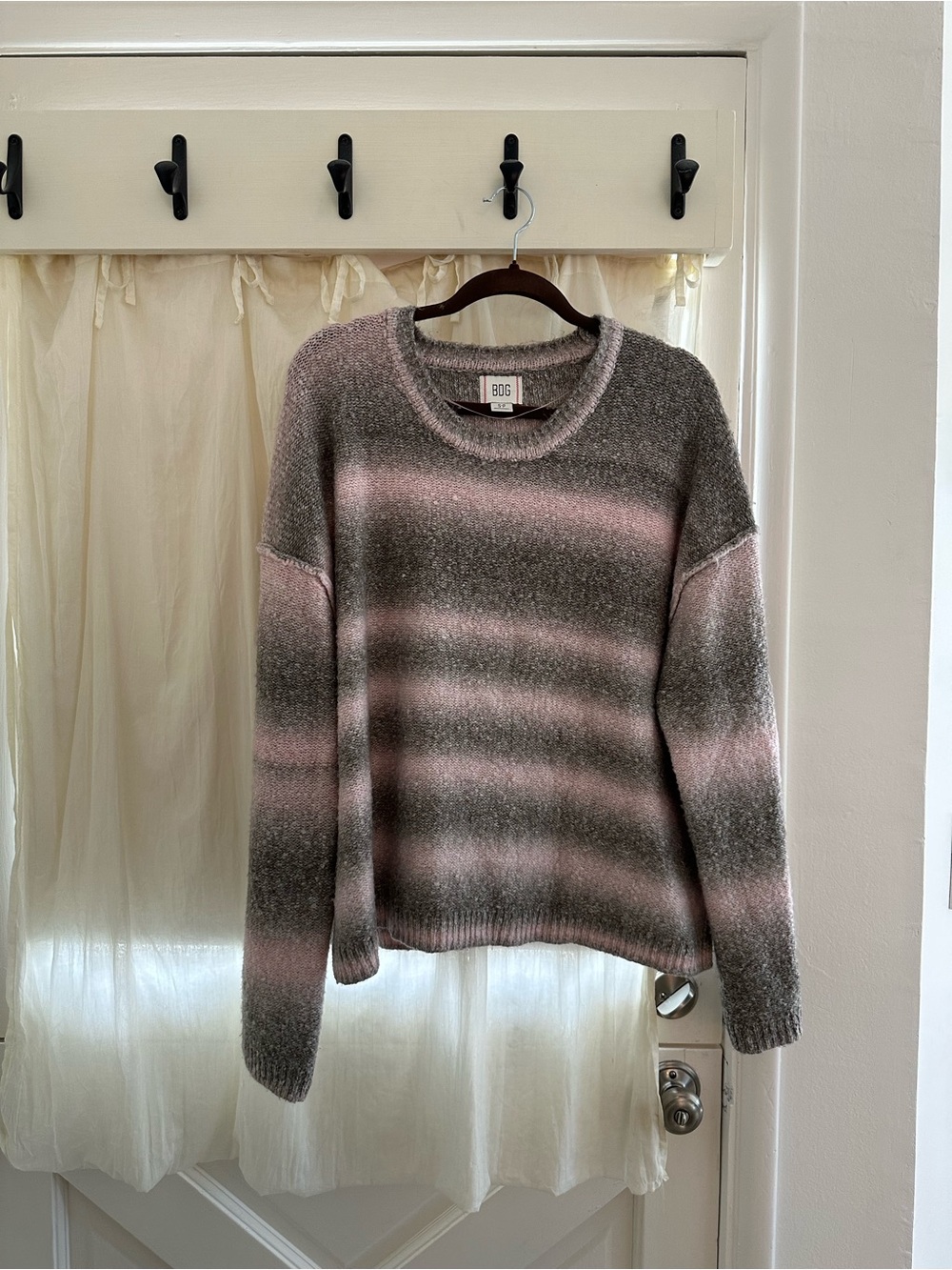 BDG Cozy Striped Crewneck Sweater in Pink and Gray
